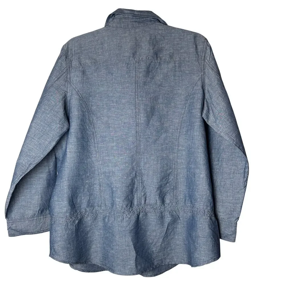 Chico's Linen Blend Military Peplum Chambray Top Blue Large - Picture 3 of 7